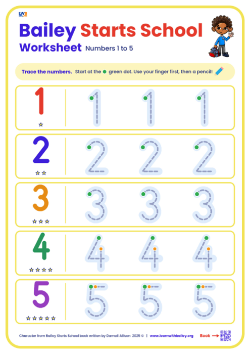 Preview of Bailey Starts School — Trace Numbers 1-10